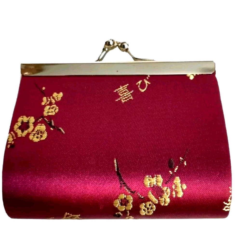 Burgundy Floral Satin Mini Clutch Coin Purse with KissLock Clasp NWT
